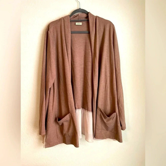 LOGO Lounge Cardigan Womens Open Front Pink Dusty Rose Swiss Dot Sweater Size L - Picture 1 of 6